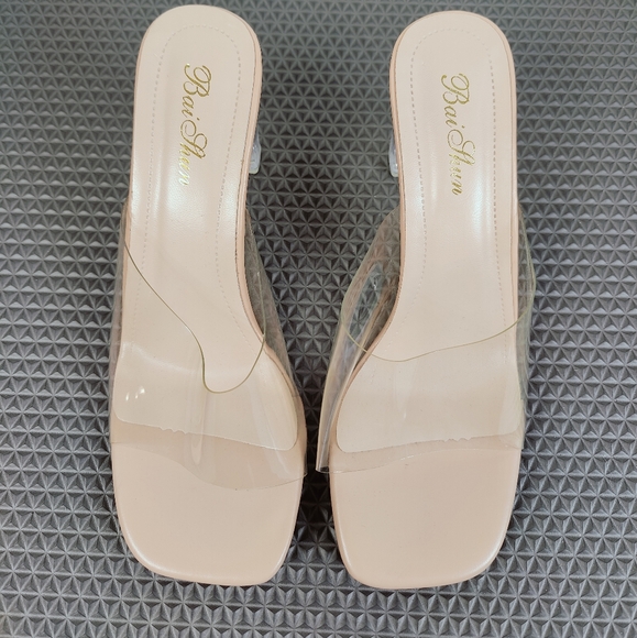 Bai Shun Clear Open Toe Chunky Heel Mules Sandals, Sz 40(EU) 9.5(US) - Picture 6 of 13
